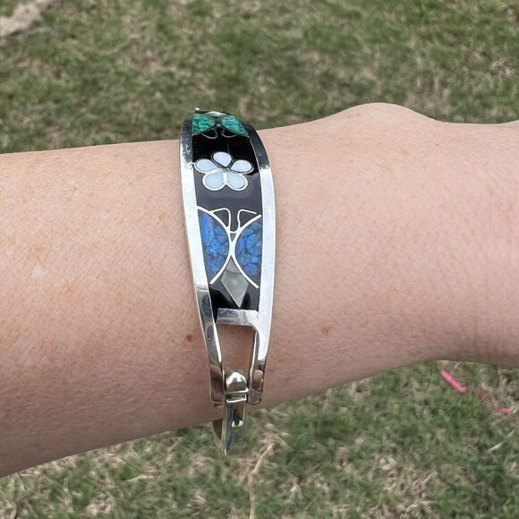 Vintage Alpaca Mexico Women's Bracelet Abalone Shell Floral Silver Tone Signed - Picture 14 of 16